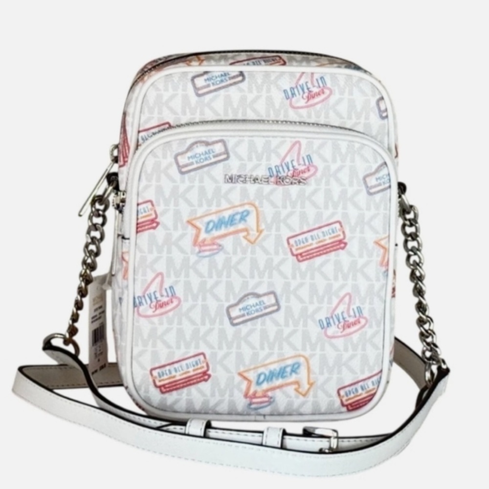 Michael Kors Limited Edition White Signature Diner Print Chain Crossbody Bag NWT